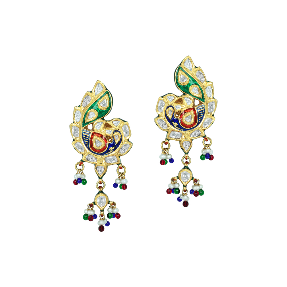 Peacock Polki Earrings with Multicolour Enamel and Bead Drops
